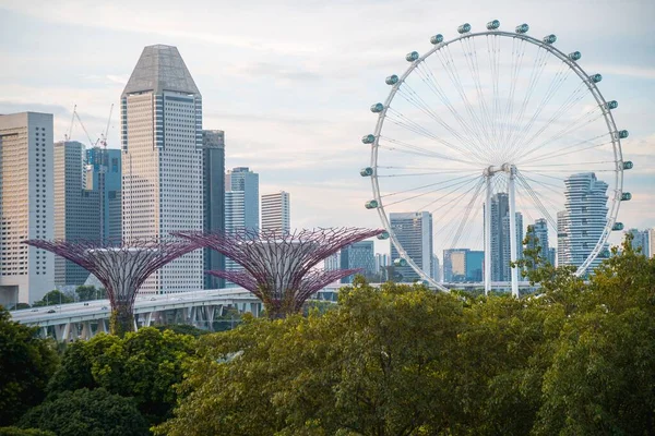 Eine Luftaufnahme Von Gardens Bay Dem Riesenrad Und Gebäuden Singapur — Stockfoto