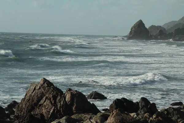 海浪拍打在新西兰海岸线的岩石上 — 图库照片