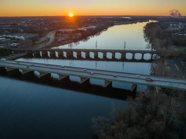 Aerial Road Bridges Stretching River Delaware Trenton New Jersey Sunrise — Stock Photo, Image