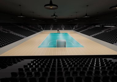 Futsal bir pavyonun 3D görüntüsü, kapalı bir spor stadyumu ve tüm kort çevresinde boş koltuklar.