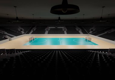 A 3d rendering of a futsal pavilion, indoors sports stadium with empty seats all around the court clipart