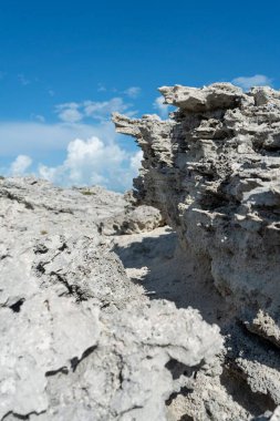 Meksika 'daki Tulum Arkeolojik Bölgesi manzarası turkuaz su, dikey çekim