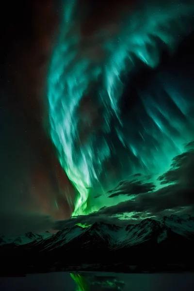 在高山和大海上的北极光的鲜活色彩的垂直拍摄 — 图库照片
