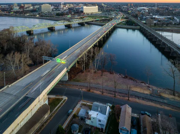 Drone Shot Bridges River Sunrise Trenton Cityscape Background New Jersey — Stock Photo, Image