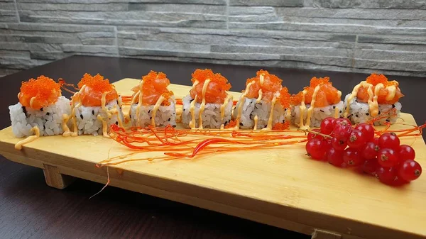 Closeup Tray Delicious Colorful Sushi Japanese Restaurant — Stock Photo, Image