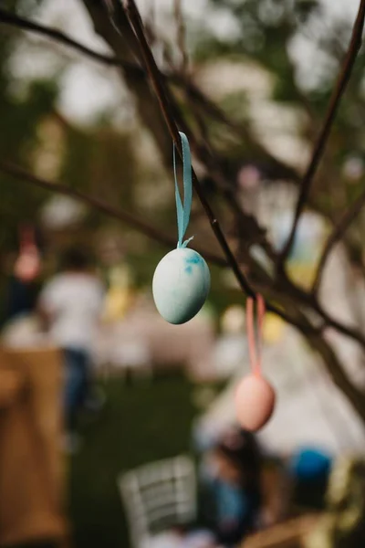 Ağaçtan Sarkan Renkli Yumurtalar Paskalya Festivali Konsepti — Stok fotoğraf