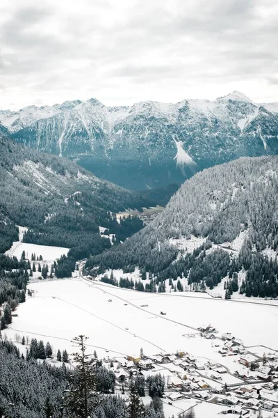 Widok Powietrza Zaśnieżoną Dolinę Otoczoną Lasami Górskimi Zimie — Zdjęcie stockowe