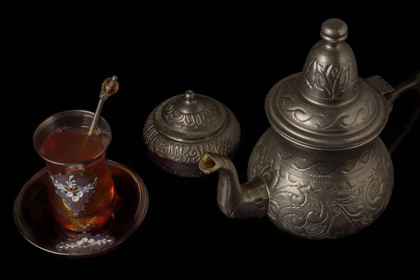 Tea Cup Decorated Teapot Metal Sugar Bowl Isolated Black Background —  Fotos de Stock