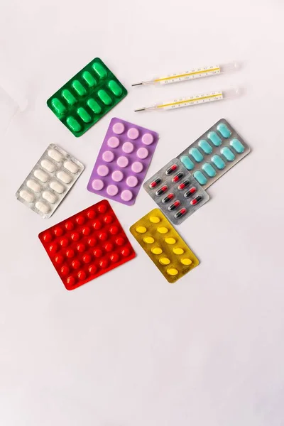 Various Medical Equipment Thermometer Ampoules Pipette Drugs Tablets Capsules Spray — Stock Photo, Image