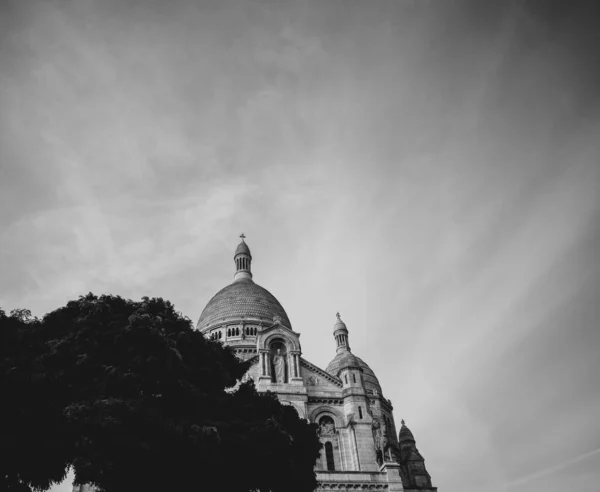Серый Кадр Базилики Святого Сердца Парижа Облачном Фоне — стоковое фото