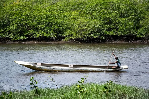 バイーア州アラトゥイプ市のジャガリペ川床でカヌーを漕いでいる漁師 — ストック写真