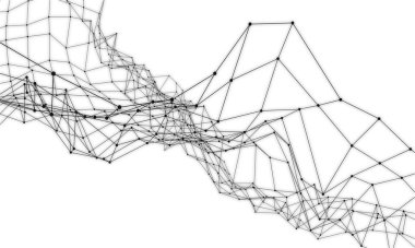 Noktalı parçacıkların ve çizgilerin olduğu siyah ve beyaz teknoloji. Kopya alanı ile soyut bilimsel dijital illüstrasyon.