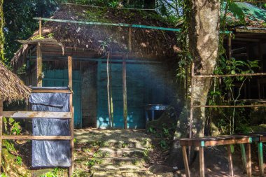 Tropikal bir ormanda saman çatısı olan eski bir kır evi.