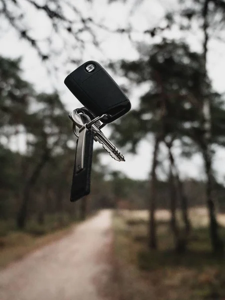 Arka Planda Bir Ormanla Birlikte Arabanın Anahtarlarının Havada Süzüldüğü Dikey — Stok fotoğraf