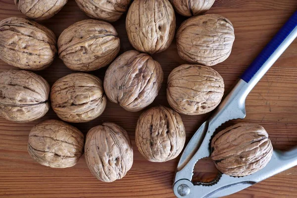 Fresh Walnuts Nutcracker Wooden Table — Stock Photo, Image