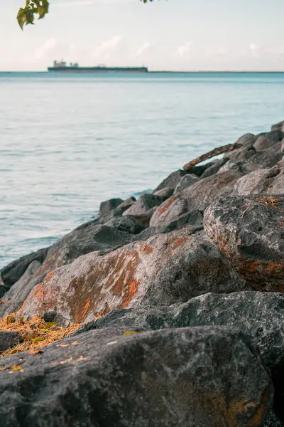 해안선에 가형성 수평선 유람선 모습을 가까이 — 스톡 사진