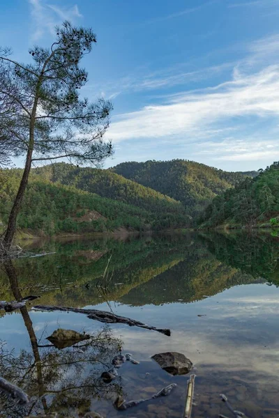 stock image A vertical of lake reflecting forested hills and a cloudy sky in the background, Cyprus