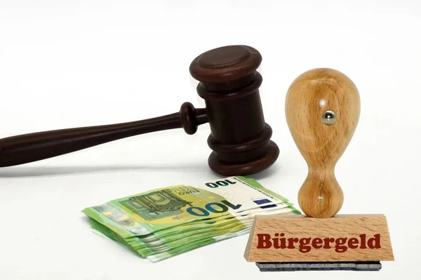 stock image A horizontal shot of a wooden stamp, citizen money and a judge's dark brown gavel on a white background