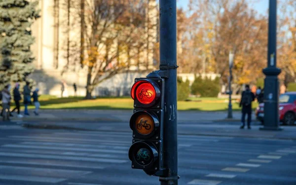 在街上 为骑自行车的人拍了一张交通信号灯的特写 — 图库照片
