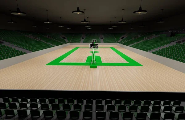 Yeşil Koltukları Kenarları Olan Temiz Boş Bir Basketbol Sahası — Stok fotoğraf