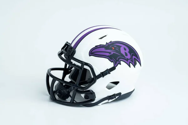 stock image MONTERREY, NL, MEXICO - September 26, 2022 - Baltimore Ravens NFL team helmet on a white background.