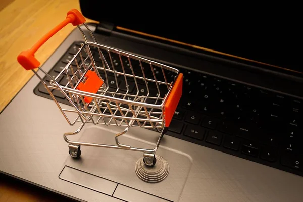 Das Online Shopping Konzept Mit Miniatur Warenkorb Auf Stapel Von — Stockfoto