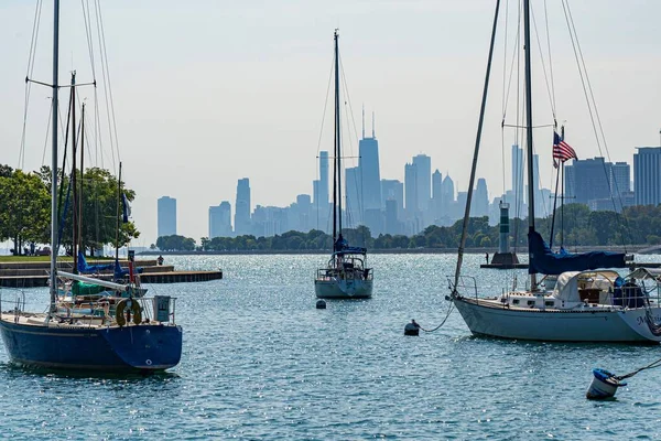 Port Bateau Sur Lac Michigan Contre Horizon Chicago — Photo