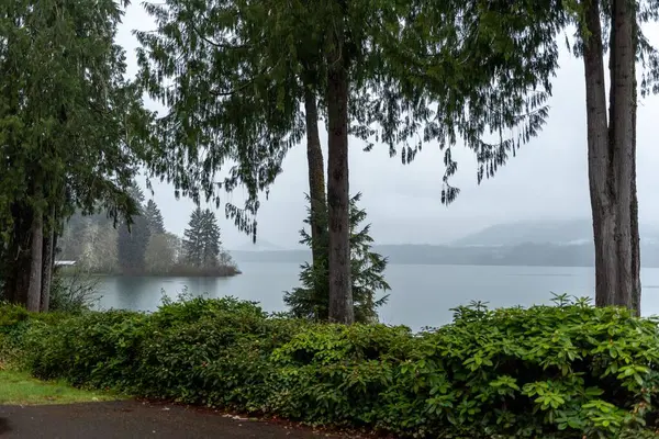 Uma Vista Panorâmica Lago Entre Colinas Florestas Sob Céu Cinzento — Fotografia de Stock