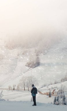 Adamın kışın ormanda dikey görüntüsü.