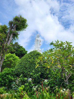 Bitkileri ve mavi gökyüzü olan Vietnam parkındaki Asya heykeli