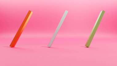 Pembe arkaplanda üç kırmızı, beyaz ve yeşil dikdörtgen.