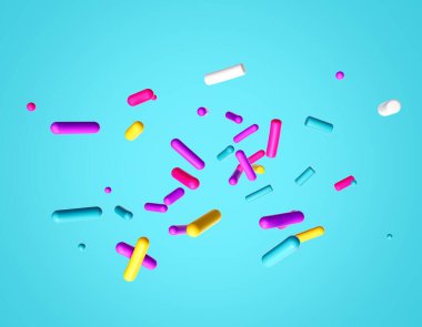 Cyan arka planda izole edilmiş üç boyutlu renkli serpinti.