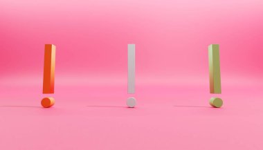 Pembe arka planda üç kırmızı, beyaz ve yeşil ünlem işareti.