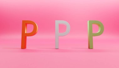 Pembe arka planda kırmızı, beyaz ve altın renkli üç P harfi var.