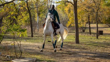 Çiftlikte beyaz ata binen siyah bir adam..