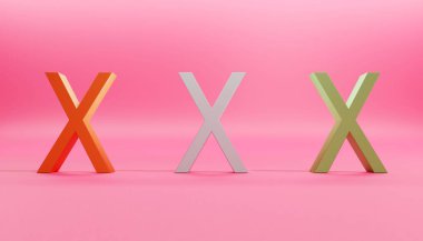 Pembe arka planda kırmızı, beyaz ve altın renkli üç X harfi var.