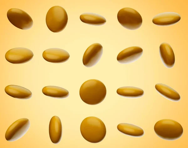 从金色背景中分离出的落下来的黄金糖果的3D例证 — 图库照片
