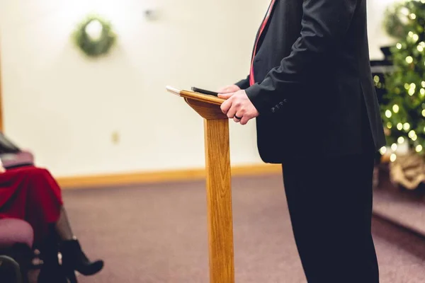 Male Wearing Black Suit Preaching Holding Pulpit — Stock Photo, Image