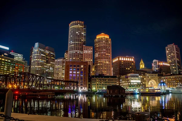 Een Prachtige Nacht Boston Stadsgezicht Van Zeehaven Wijk — Stockfoto