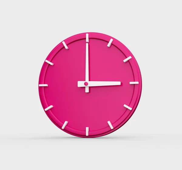 一个粉色墙上时钟的3D渲染 显示出3点钟在白色背景上隔离的时间 — 图库照片