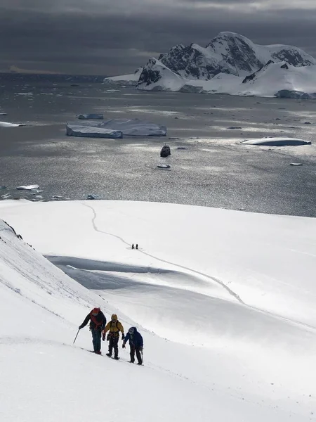 Група Дослідників Піднімається Сніжну Гору Видом Море Антарктиді — стокове фото