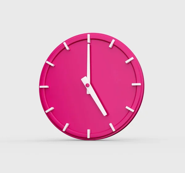 一个粉色墙上时钟的3D渲染 显示了5点钟在白色背景上隔离的时间 — 图库照片