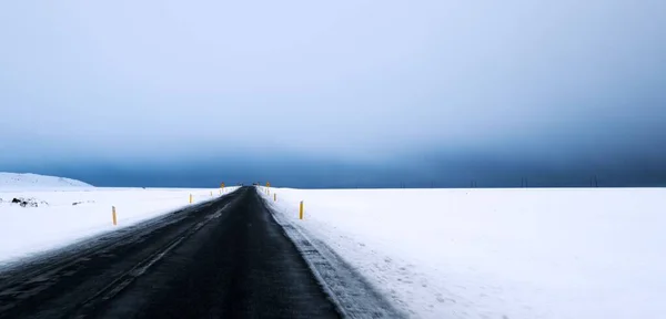 霧深い冬の日に雪に覆われたフィールドに沿って道路のパノラマショット — ストック写真