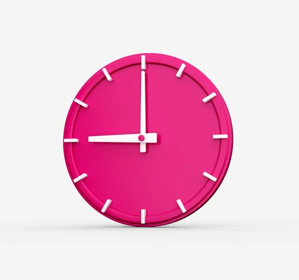 ピンクの壁の時計の3Dレンダリングは 白い背景に隔離された時間9時を示しています — ストック写真