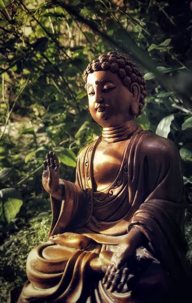 背景に緑の植物と森の中で瞑想中の茶色の仏像の垂直ショット — ストック写真
