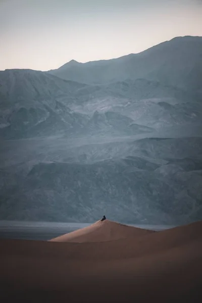 Colpo Verticale Due Persone Sedute Sulle Dune Sabbia Dopo Tramonto — Foto Stock