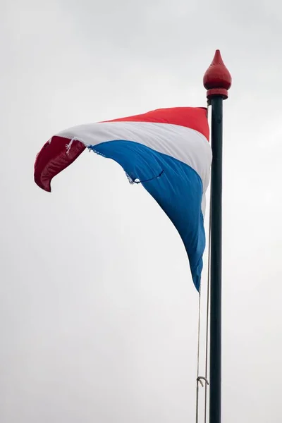 Вертикальний Постріл Прапора Нідерландів Який Махає Небом Стовпі — стокове фото