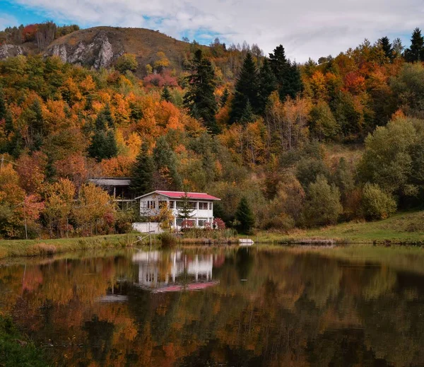 湖の近くの秋の森の中にある木造の伝統的なキャビンコテージ — ストック写真
