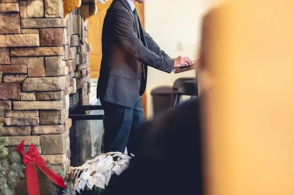 Male Wearing Black Suit Giving Speech Next Pulpit — Stock Photo, Image