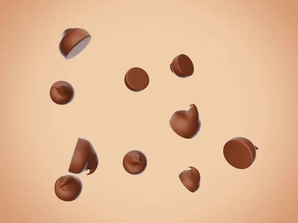 Een Weergave Van Drijvende Chocolade Chips Hapjes Druppels Geïsoleerd Een — Stockfoto